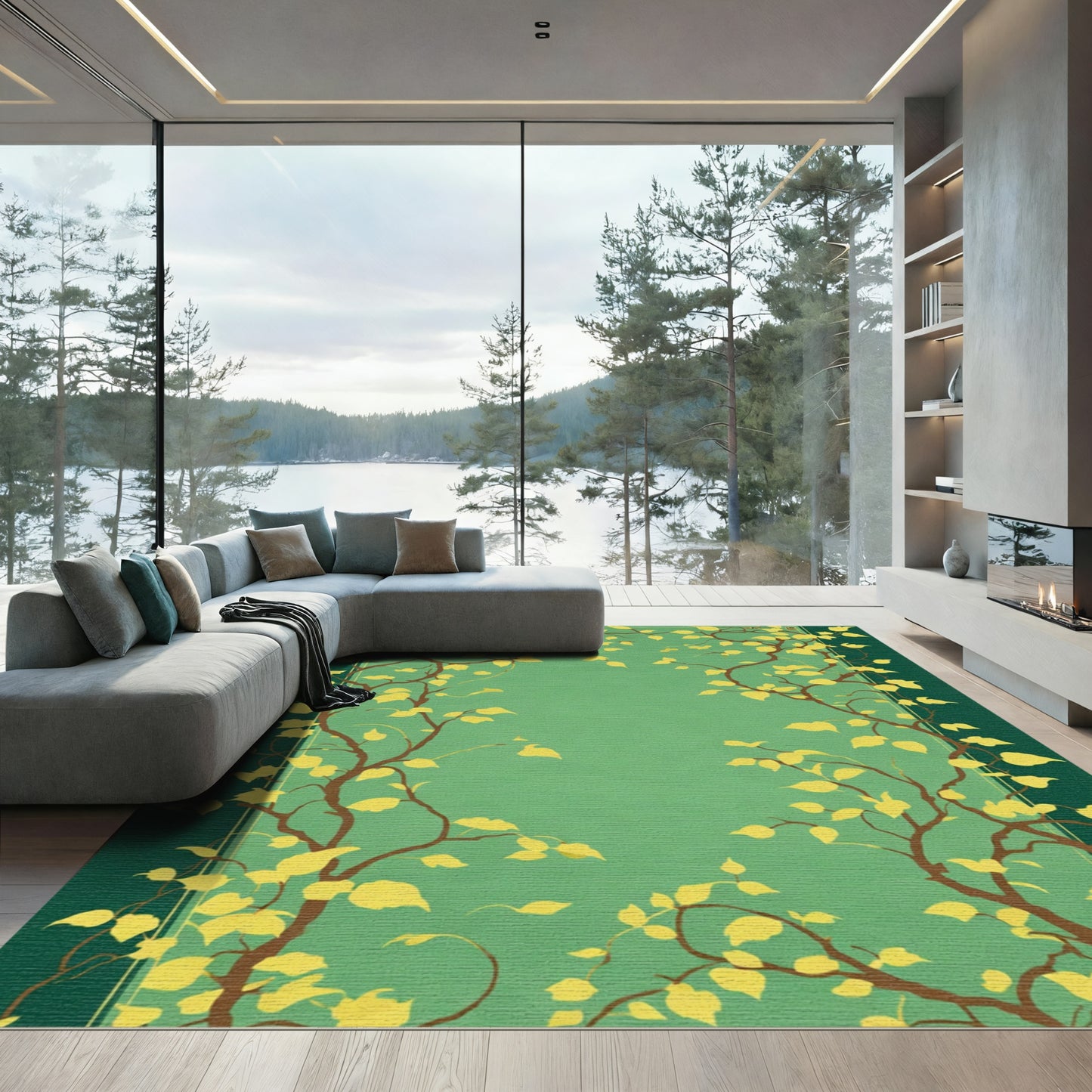 Green Branch Yellow Leaf Vine Art Rug