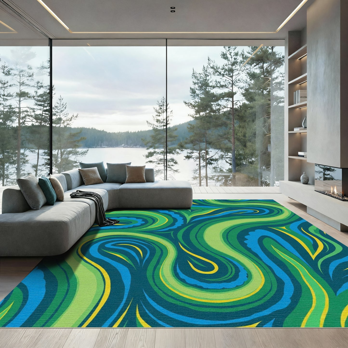 Deep Blue Green Swirling Abstract Rug