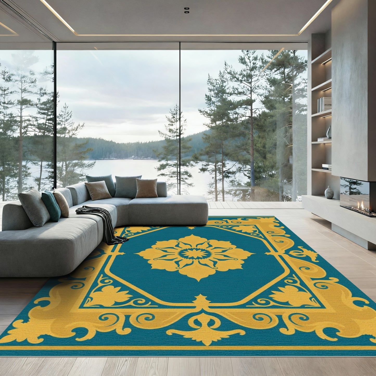 Elegant Teal Gold Medallion Frame Rug