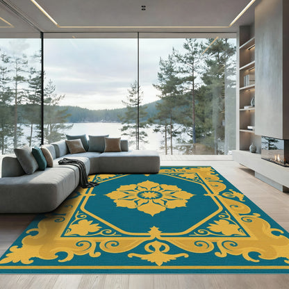 Elegant Teal Gold Medallion Frame Rug