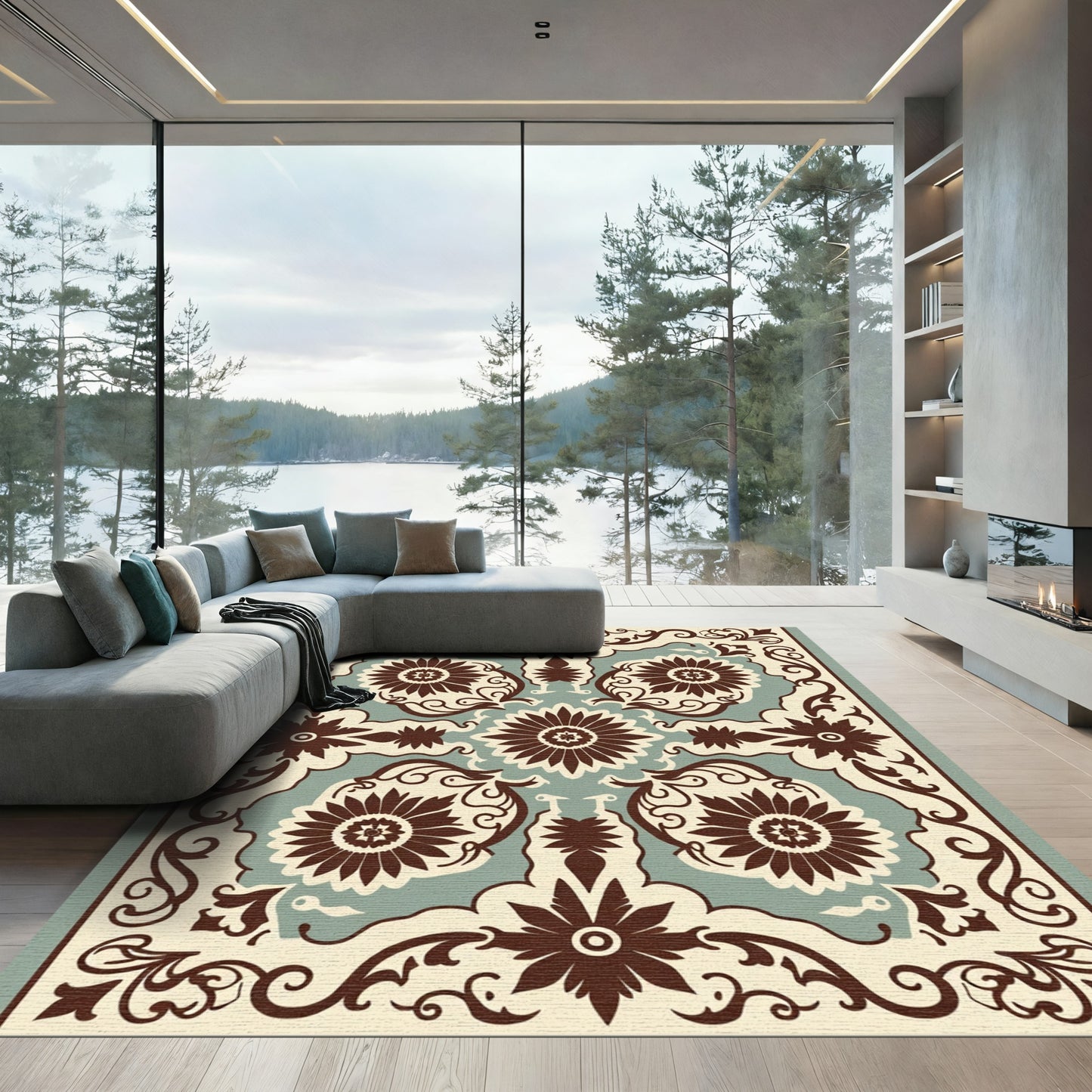 Brown Floral Medallion Cream Teal Rug