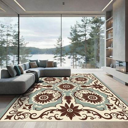 Brown Floral Medallion Cream Teal Rug