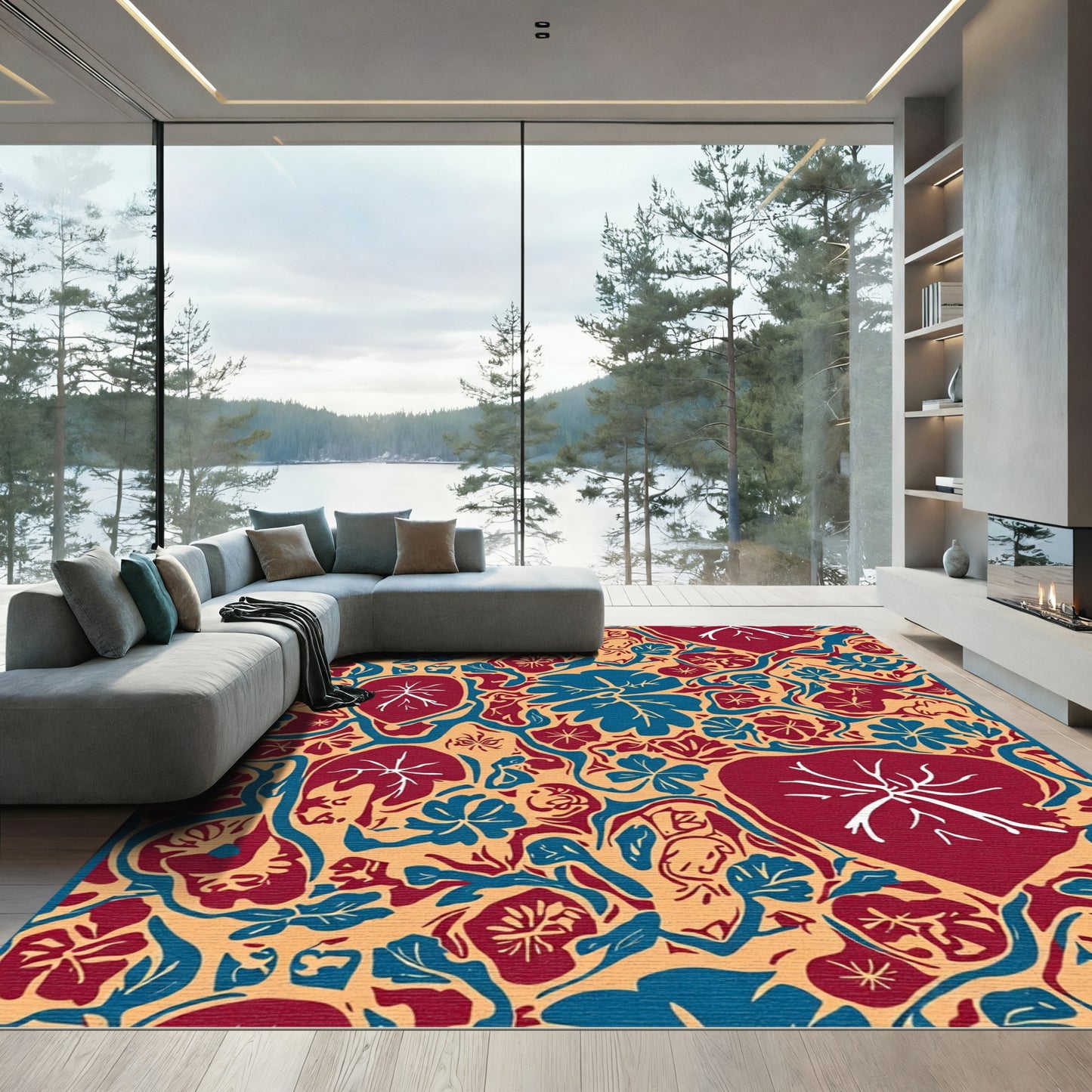 Crimson Blue Floral Vine Composition Rug