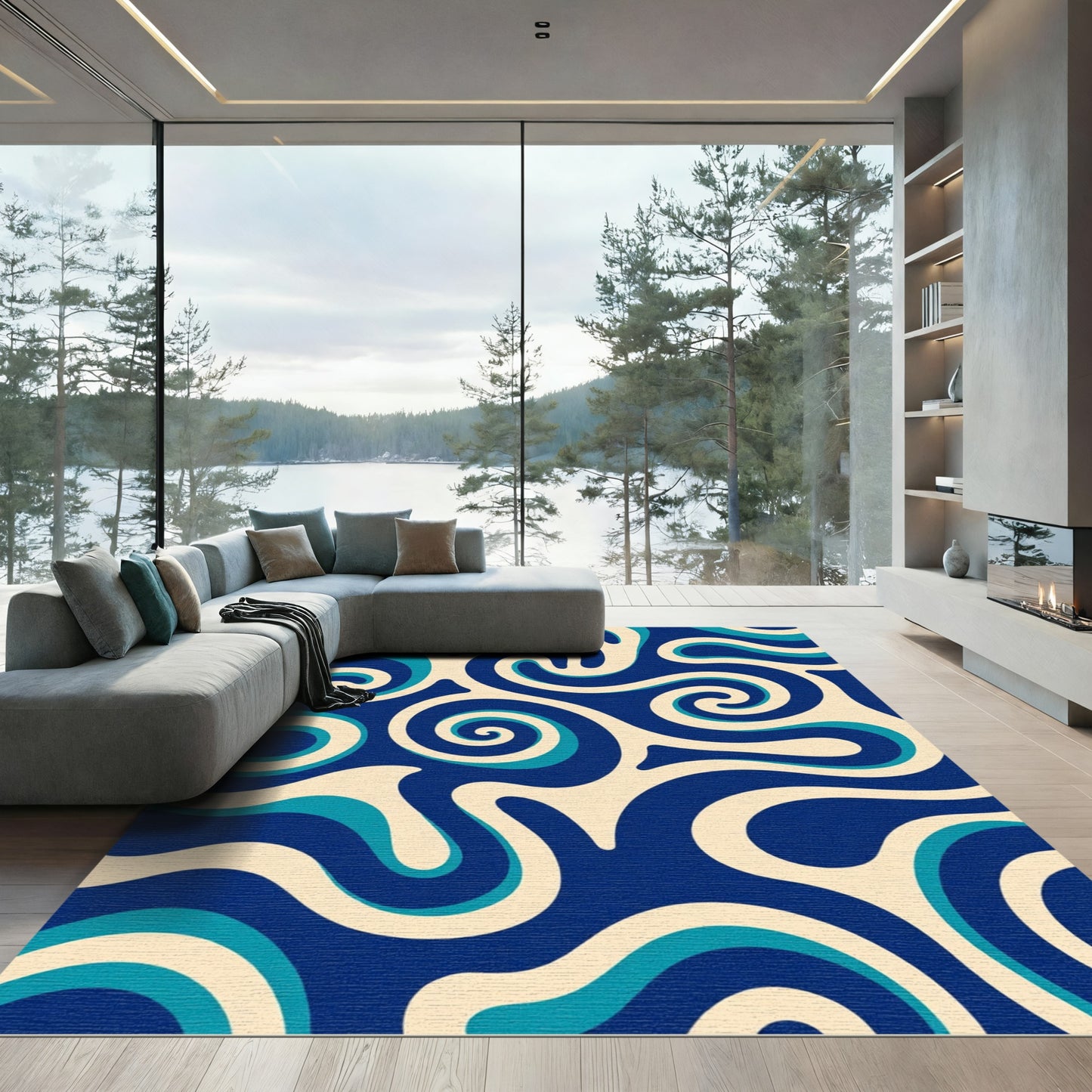 Deep Blue Abstract Swirls Rug