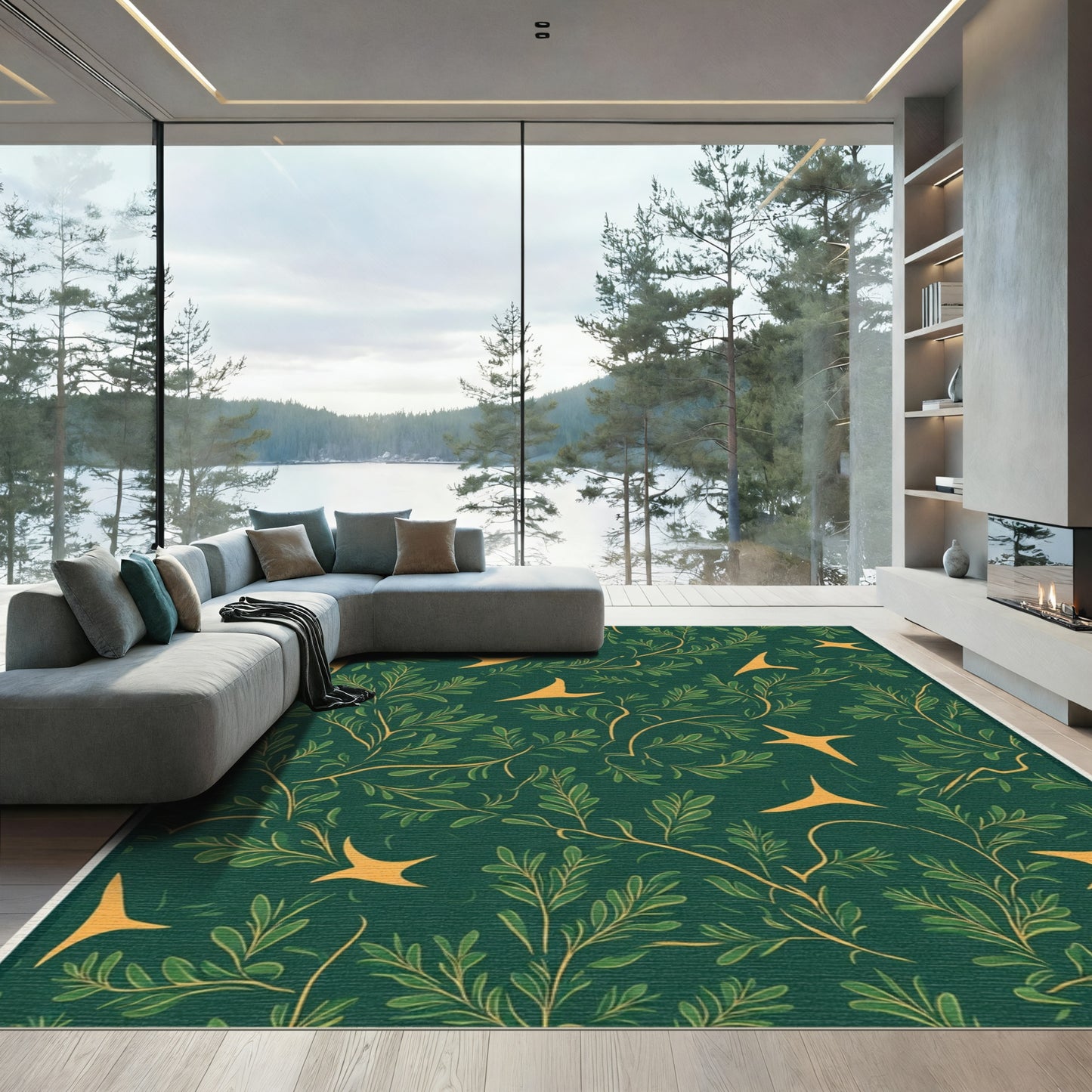 Emerald Green Yellow Floral Bird Garden Rug