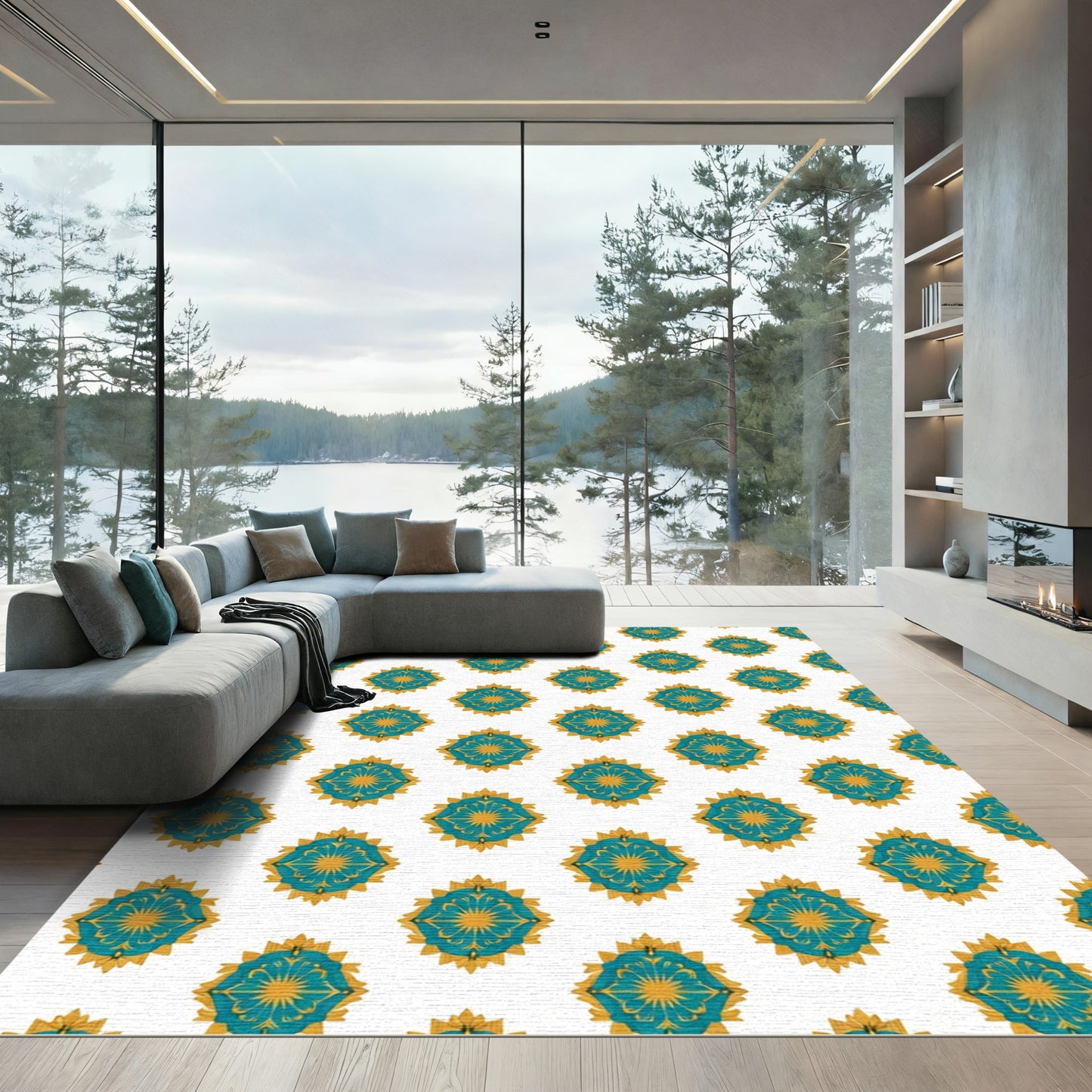 Teal Golden Floral Radial Arrangement Rug