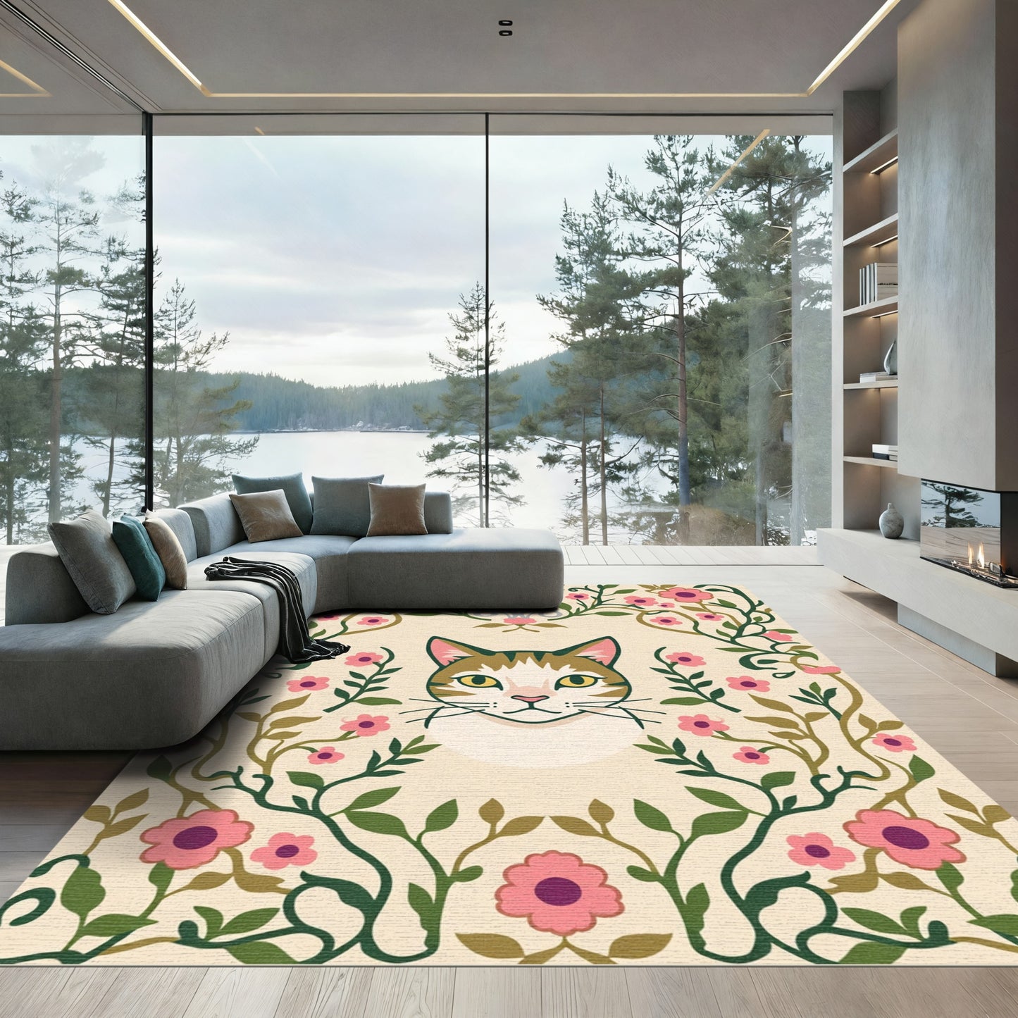 Pink Floral Garden Cat Portrait Rug