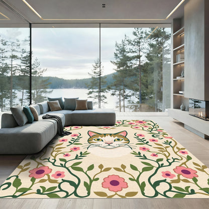 Pink Floral Garden Cat Portrait Rug