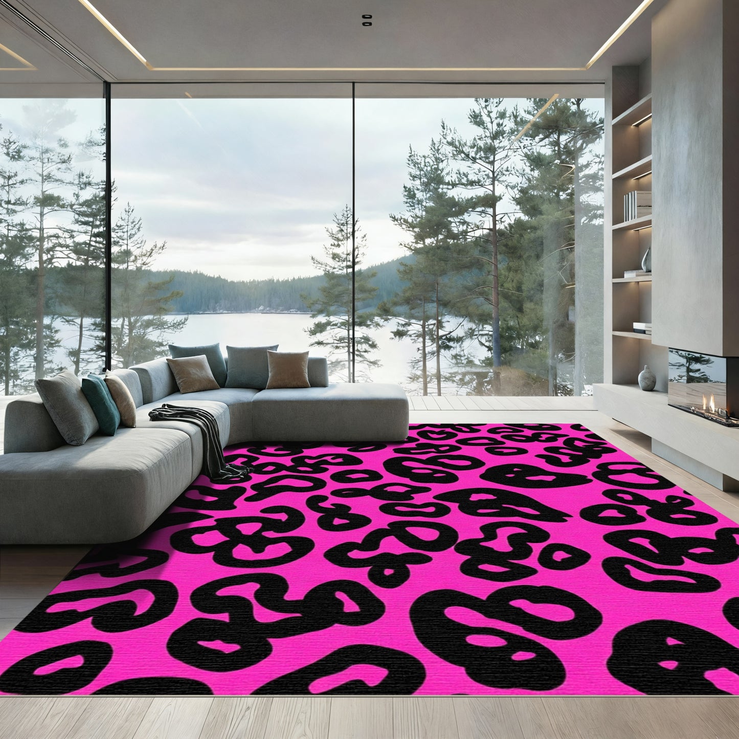 Vivid Pink Black Spotted Contemporary Rug