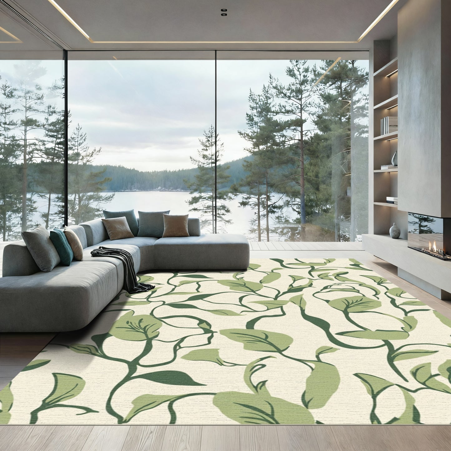 Cream Green Vine Swirl Rug
