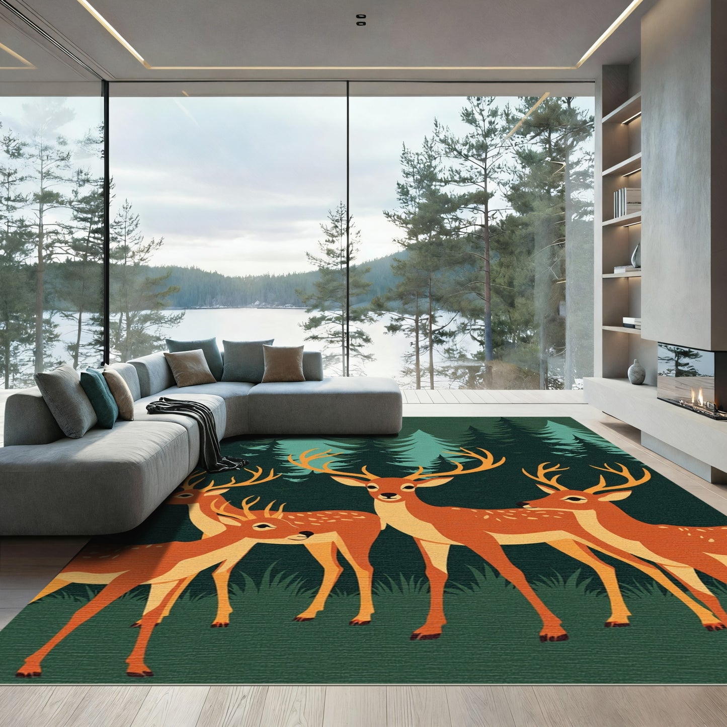 Woodland Deer Herd Forest Green Canvas Rug
