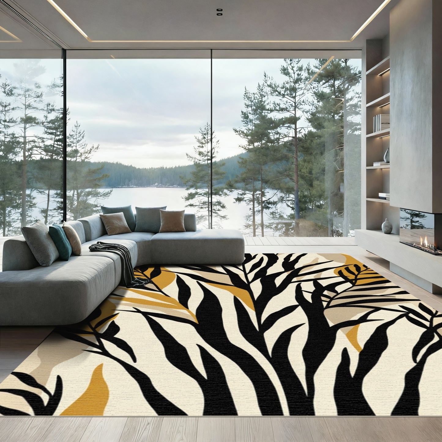 Abstract Black Gold Leaf Shapes Rug
