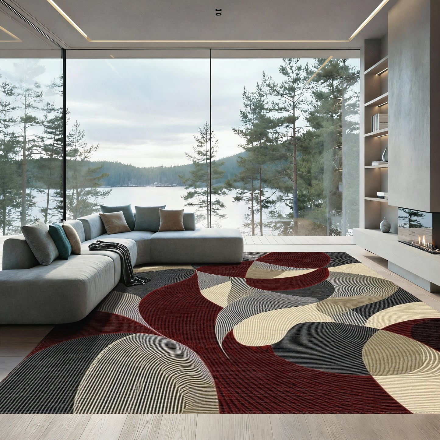 Burgundy Gray Wavy Curves Rug