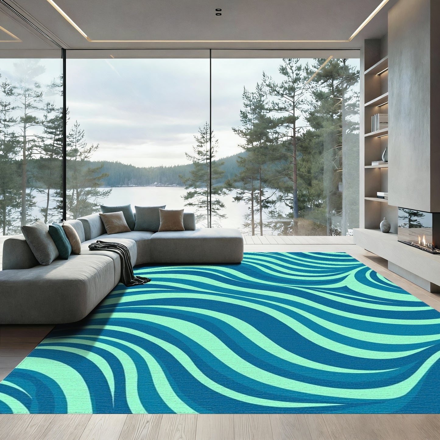 Teal Navy Wavy Waves Rug