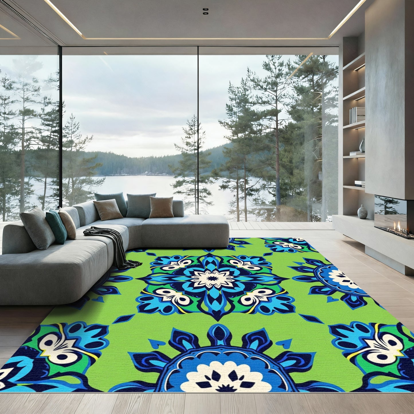Vibrant Blue Emerald Medallion Sunburst Rug
