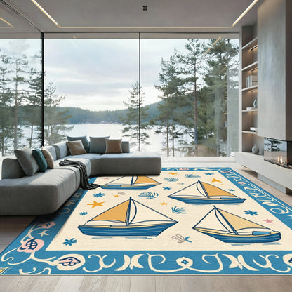 Nautical Sailboats Blue Yellow Cream Rug