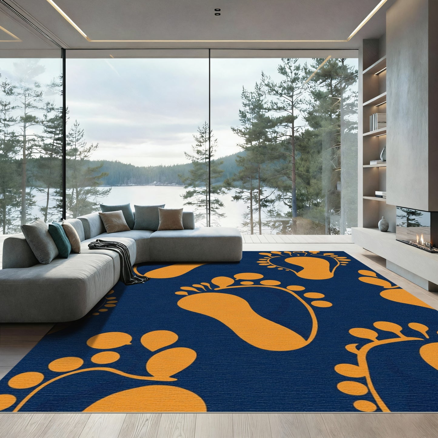 Orange Footprints on Deep Blue Rug