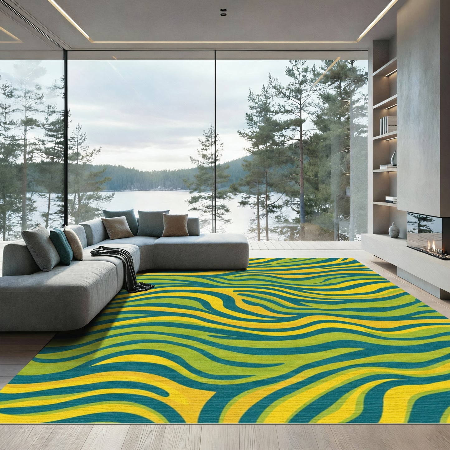 Teal Yellow Green Wavy Stripes Rug
