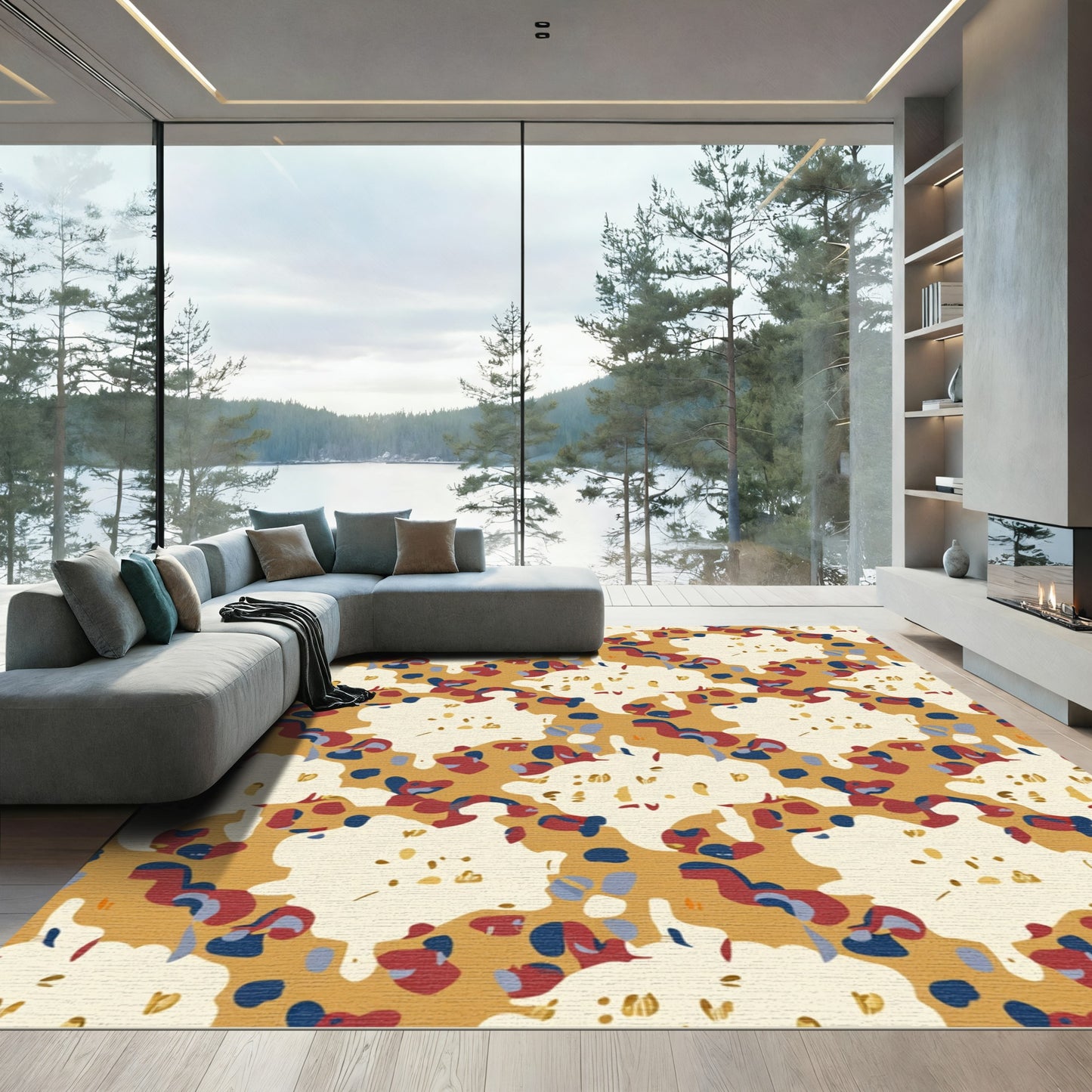 Abstract Organic Ochre Red Blue Shapes Rug