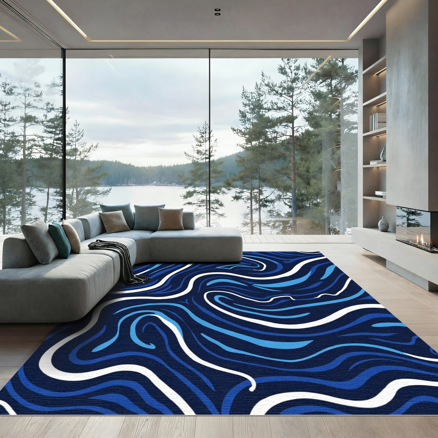 Deep Blue Swirls abstract wave Rug