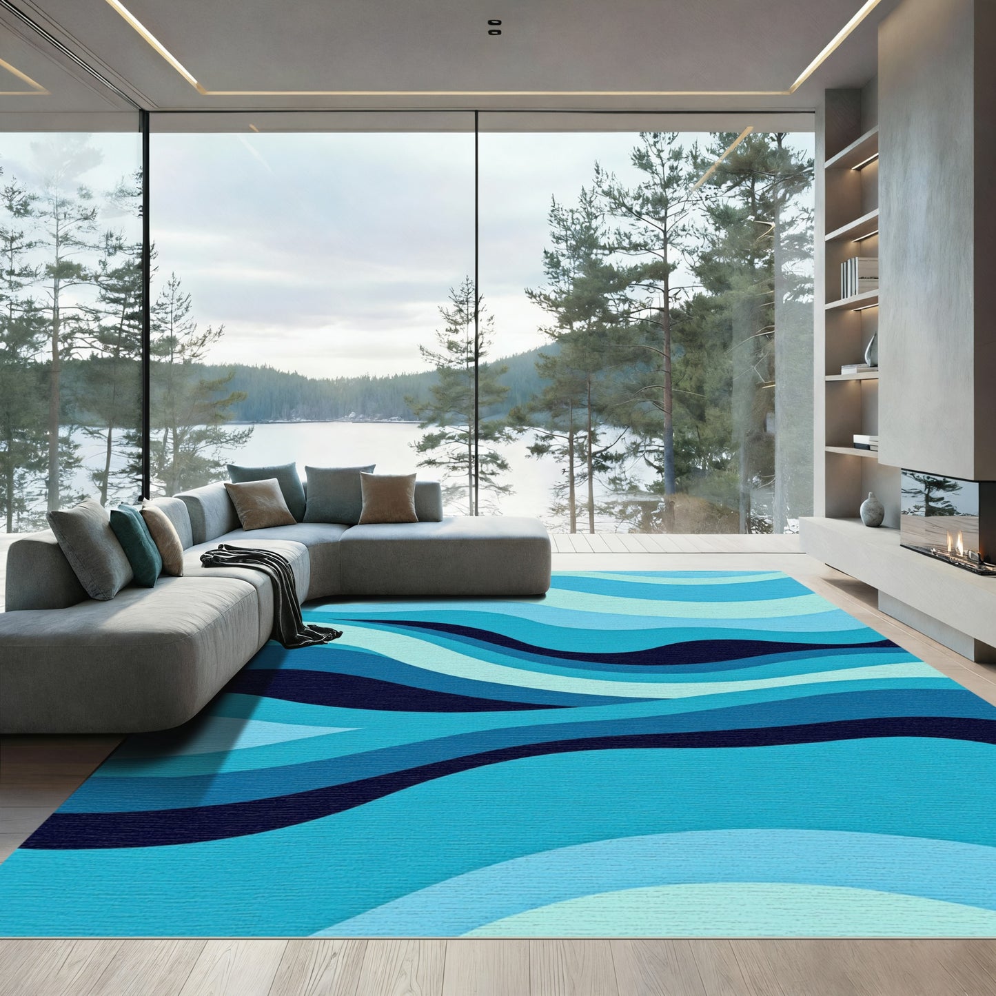 Cool Blue Layered Wave Abstract Rug