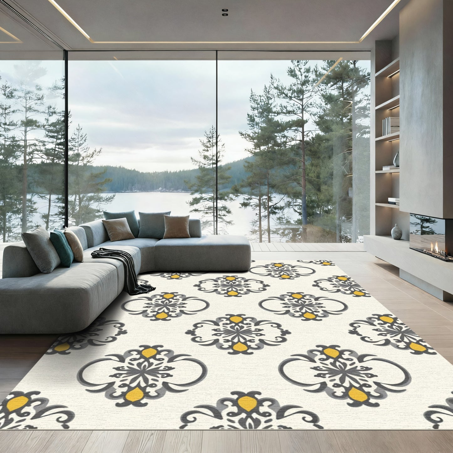 Damask Black Yellow Laurel Lace Rug
