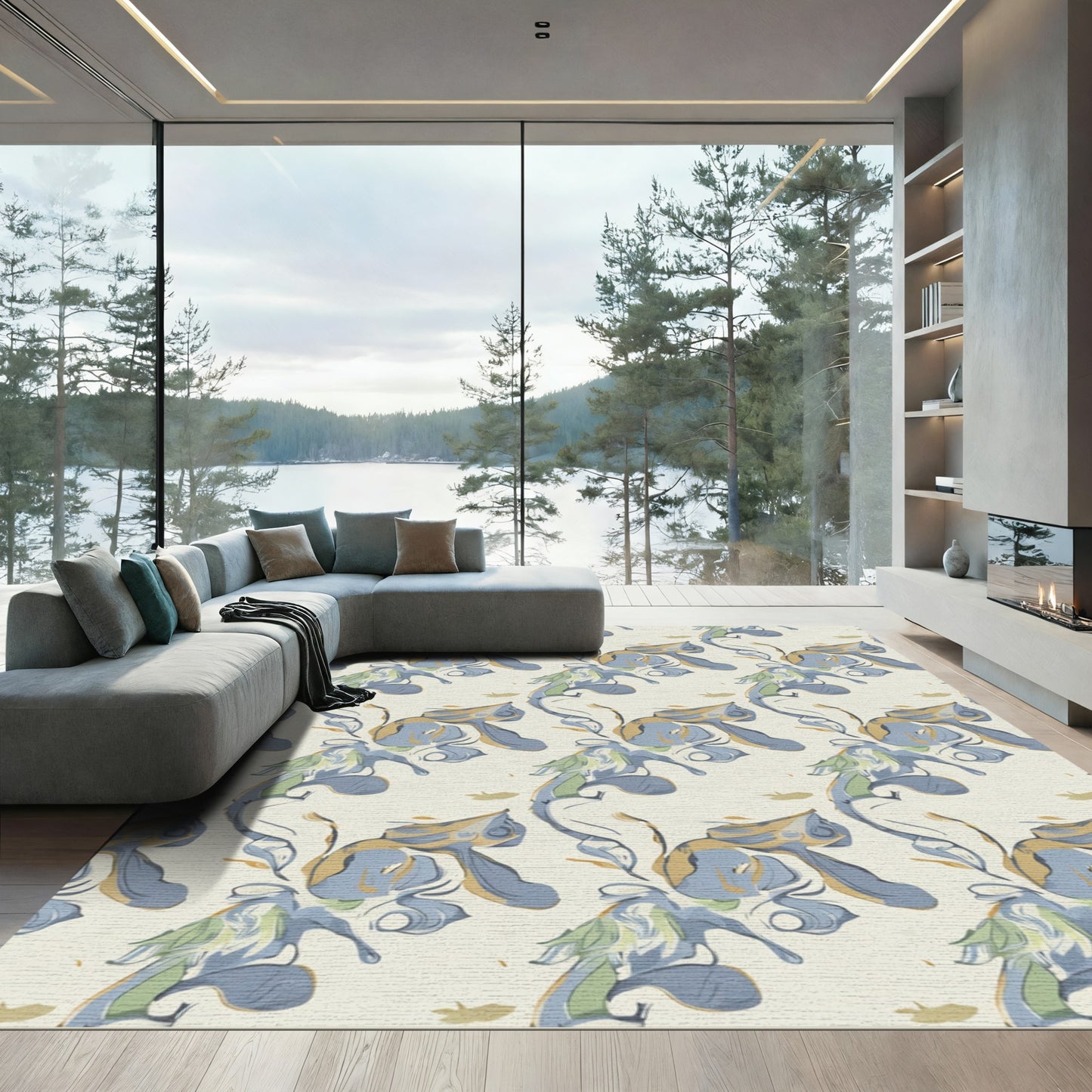 Whimsical Blue Abstract Swirl Seafish Rug