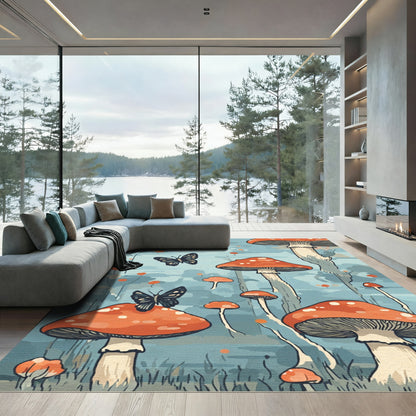 Whimsical Orange Mushroom Butterfly Forest Rug