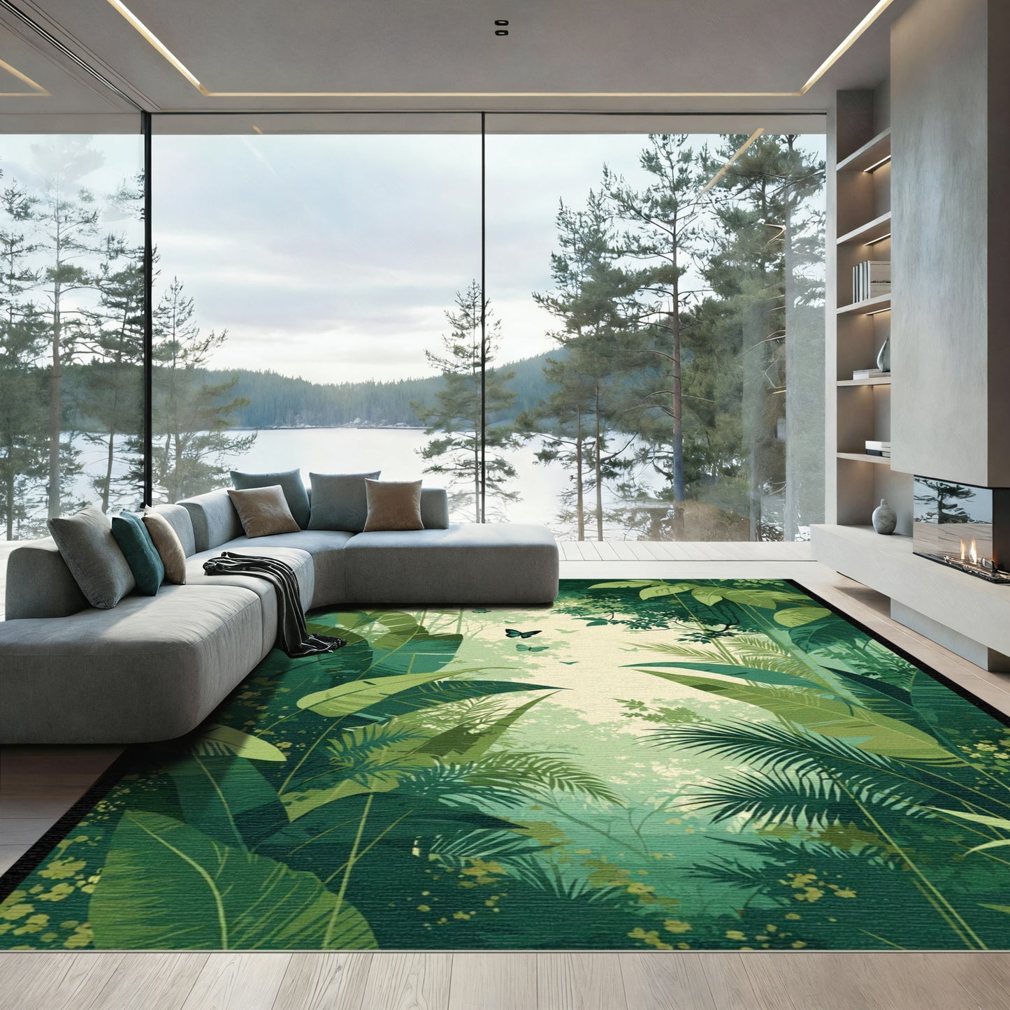 Lush Emerald Jungle Butterflies Garden Rug