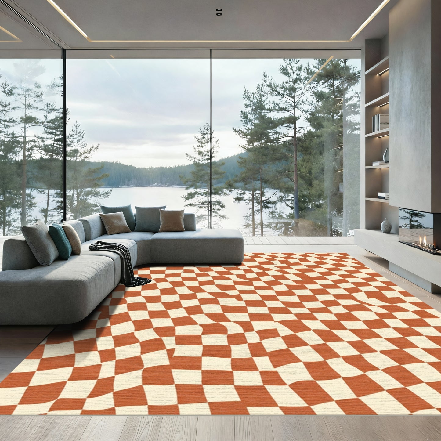 Retro Checkered Terra Cotta Wave Rug
