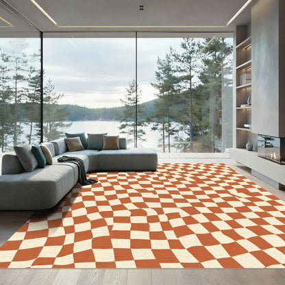 Retro Checkered Terra Cotta Wave Rug