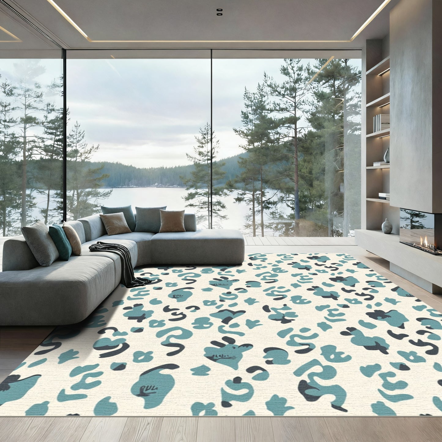Teal Leopard Spots Cream Rug