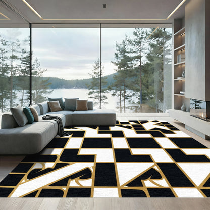 Bold Black White Gold Geometric Forms Rug