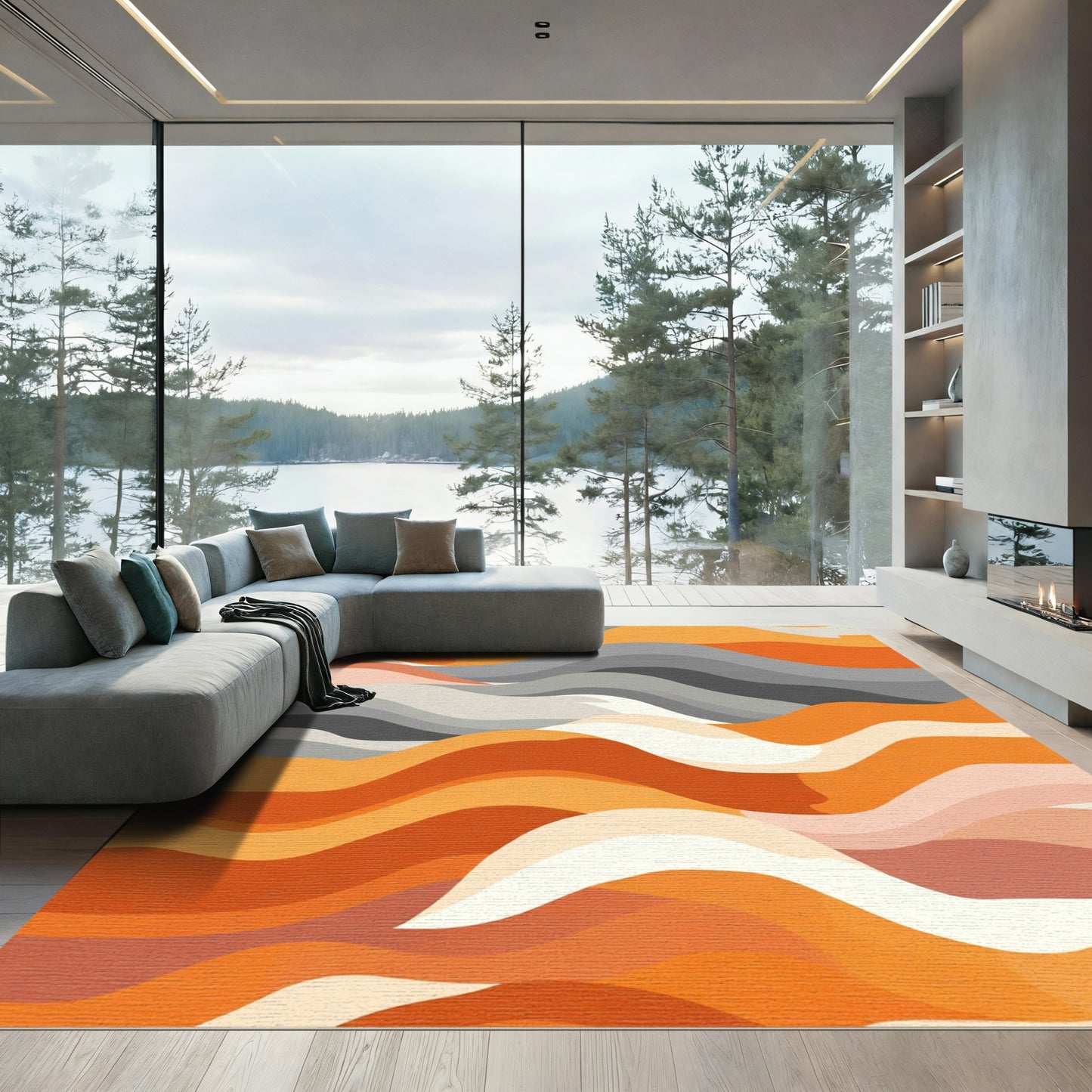 Warm Abstract Orange Gray Waves Rug