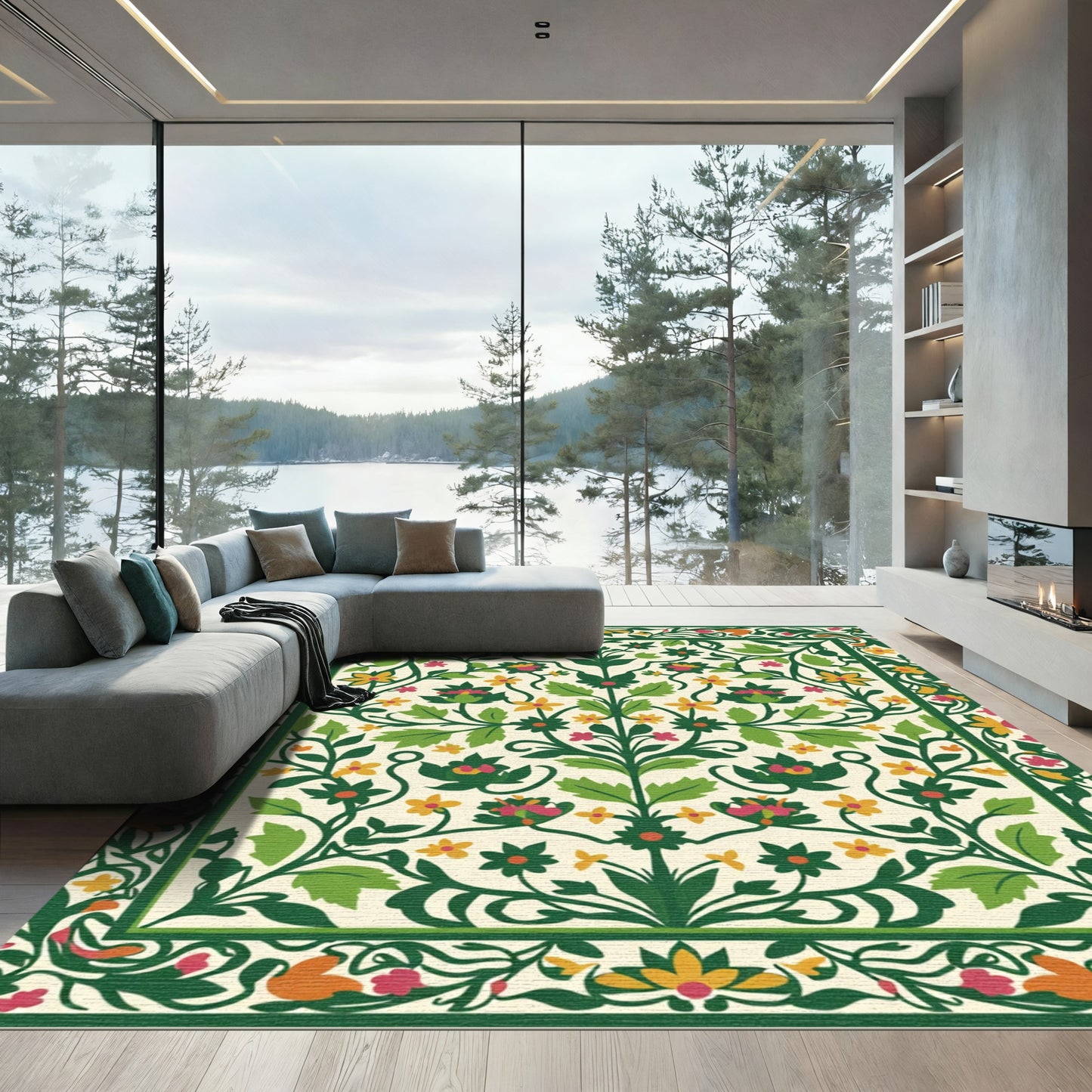 Green Floral Ivory Blossom Medallion Rug