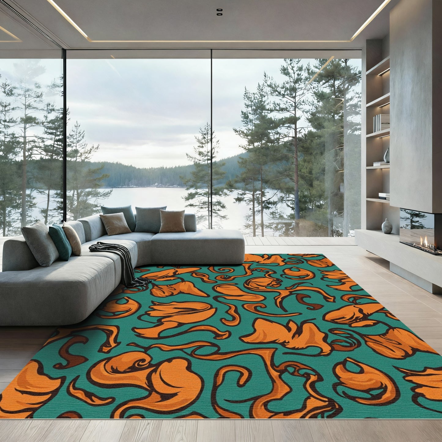 Amber Teal Abstract Swirl Rug