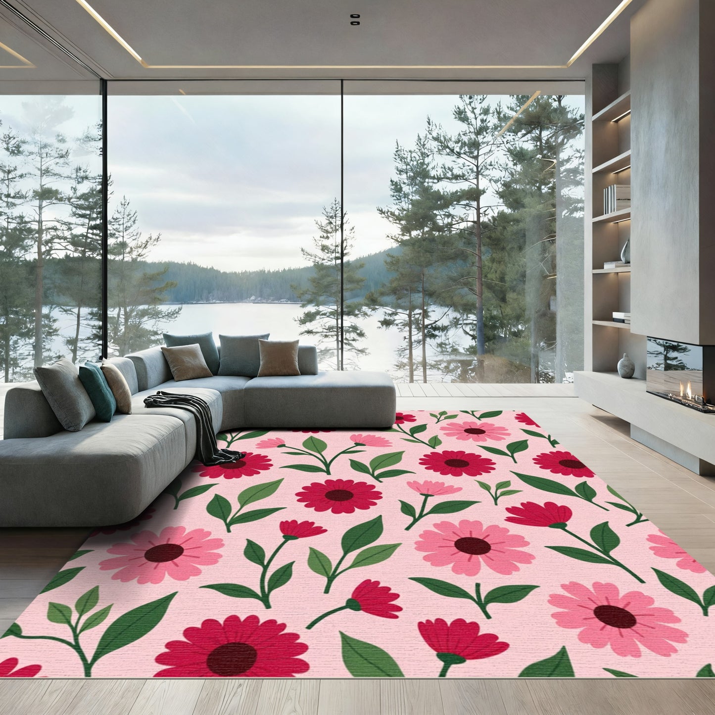 Crimson Pink Floral Foliage Pattern Rug