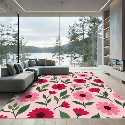 Crimson Pink Floral Foliage Pattern Rug
