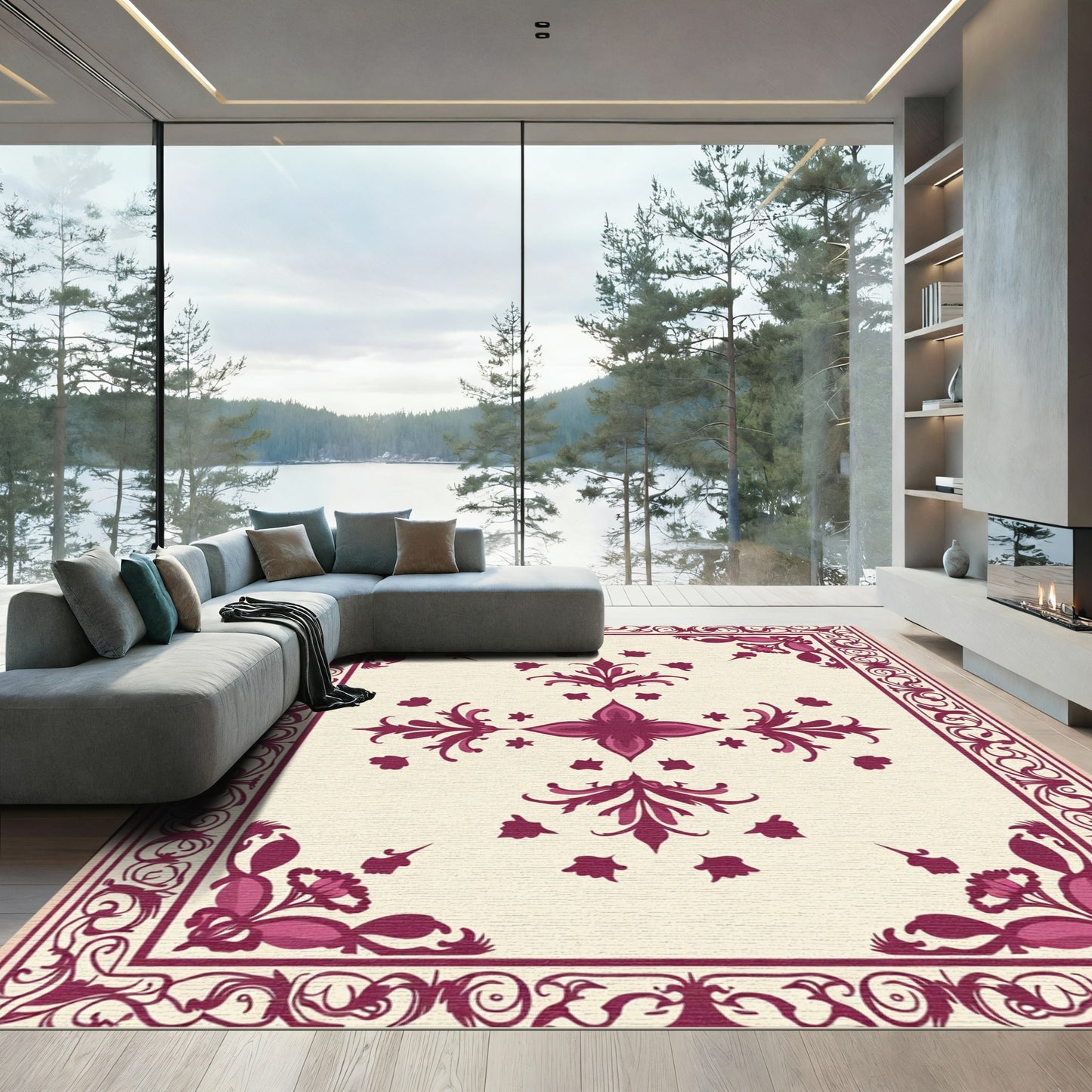 Deep Rose Vine Swirl Accent Rug