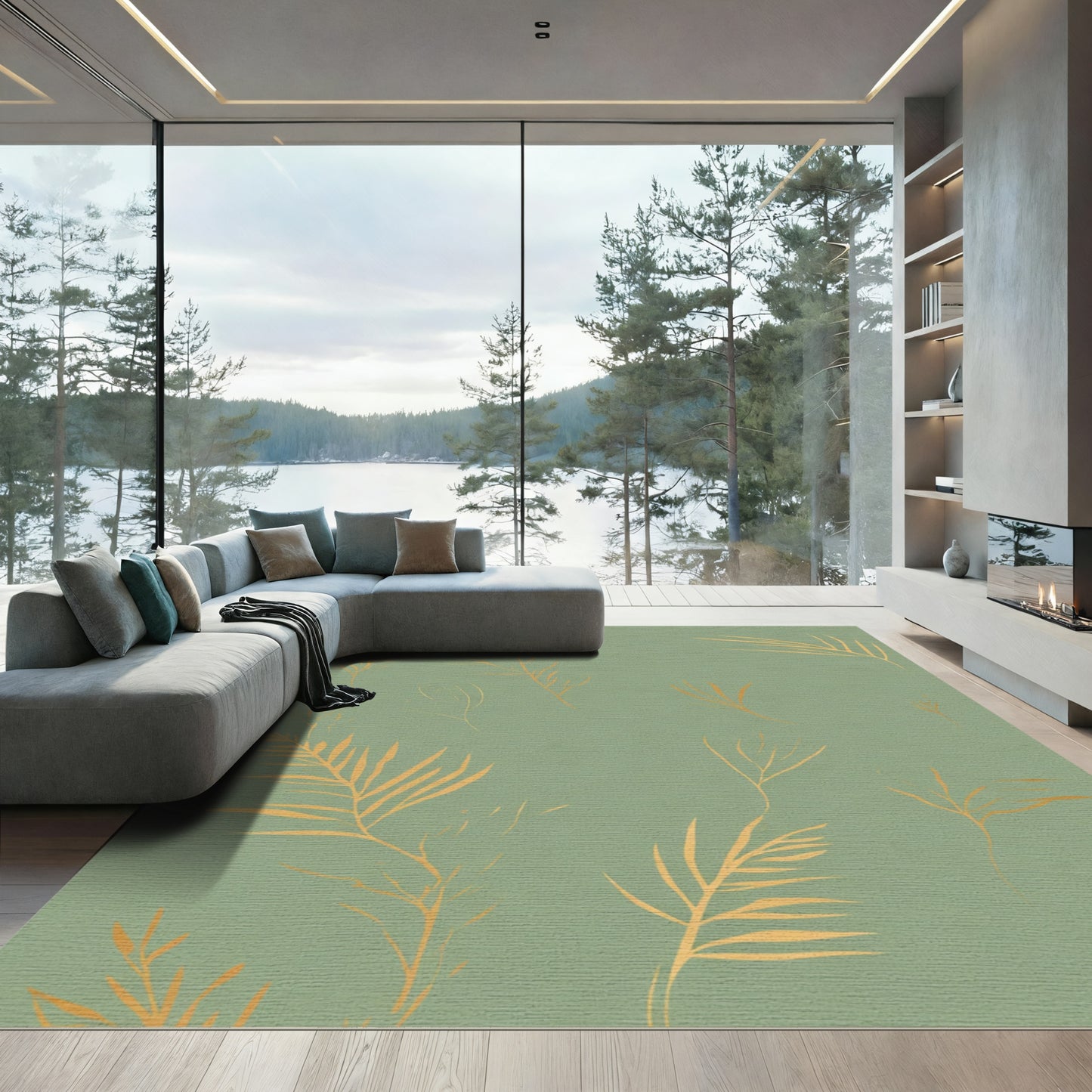 Subtle Gold Palm Frond Botanical Rug