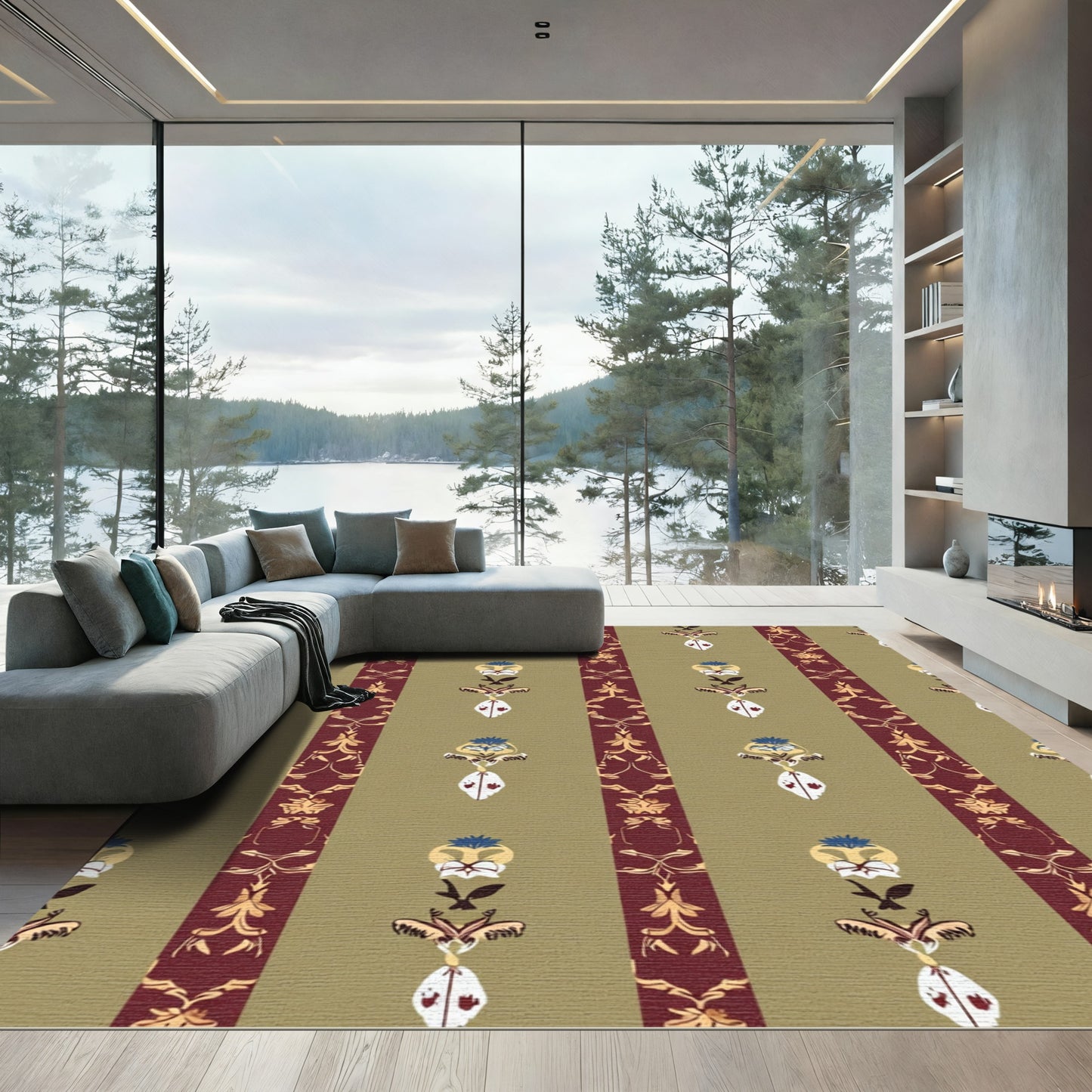 Gold Olive Red Floral Stripe Medallion Rug