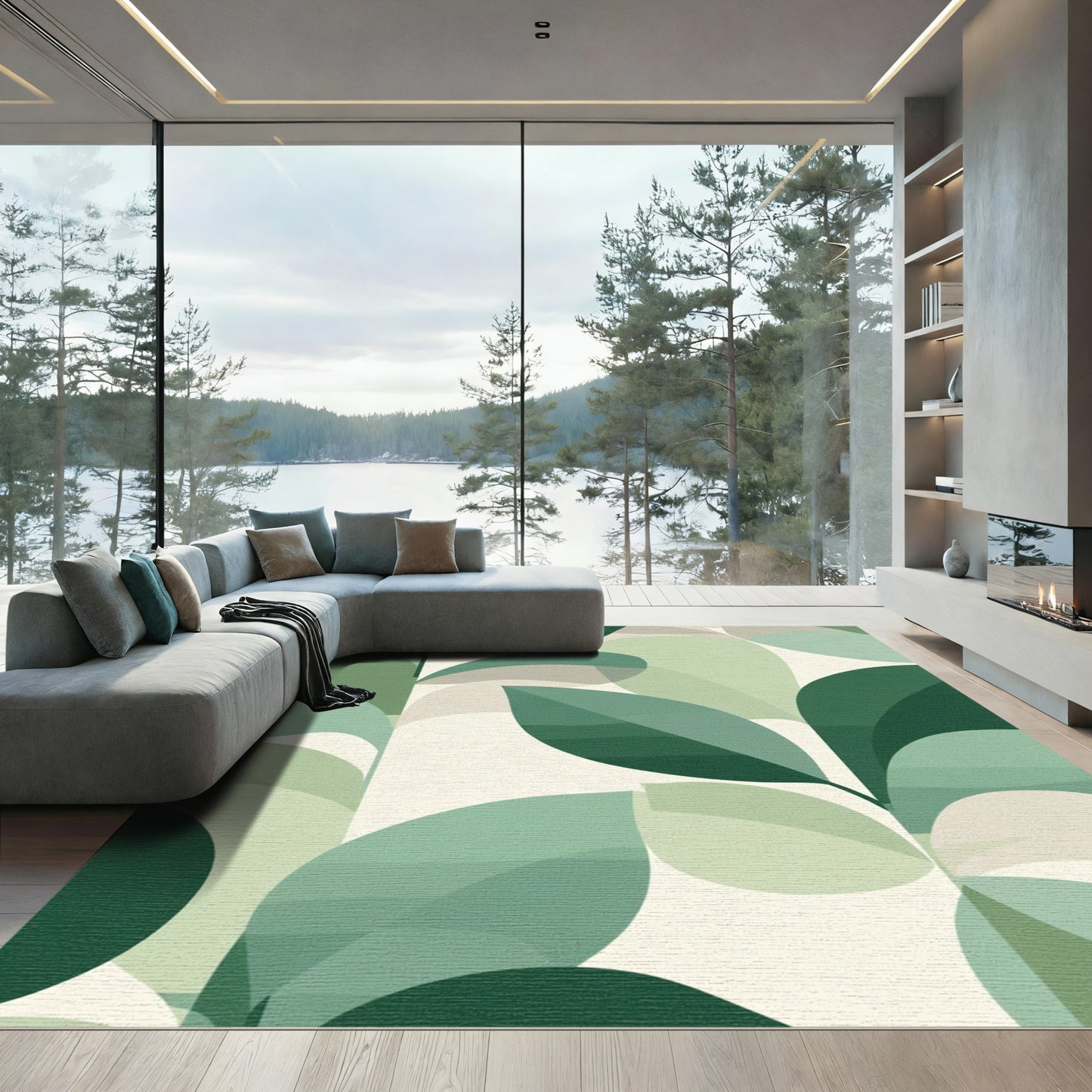 Geometric Green Leaf Abstraction Rug