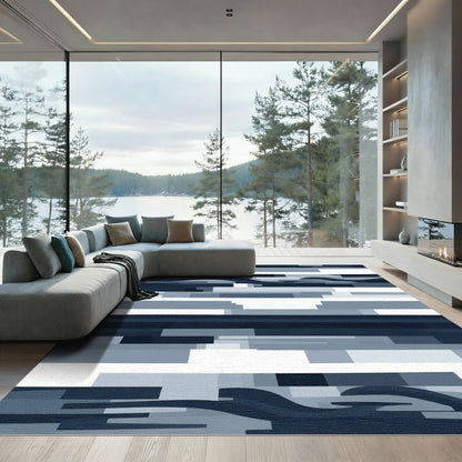 Deep Blue Abstract Wave Blocks Rug