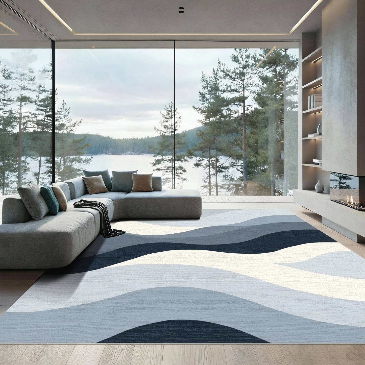 Serene Blue Wavy Gradient Ripples Rug