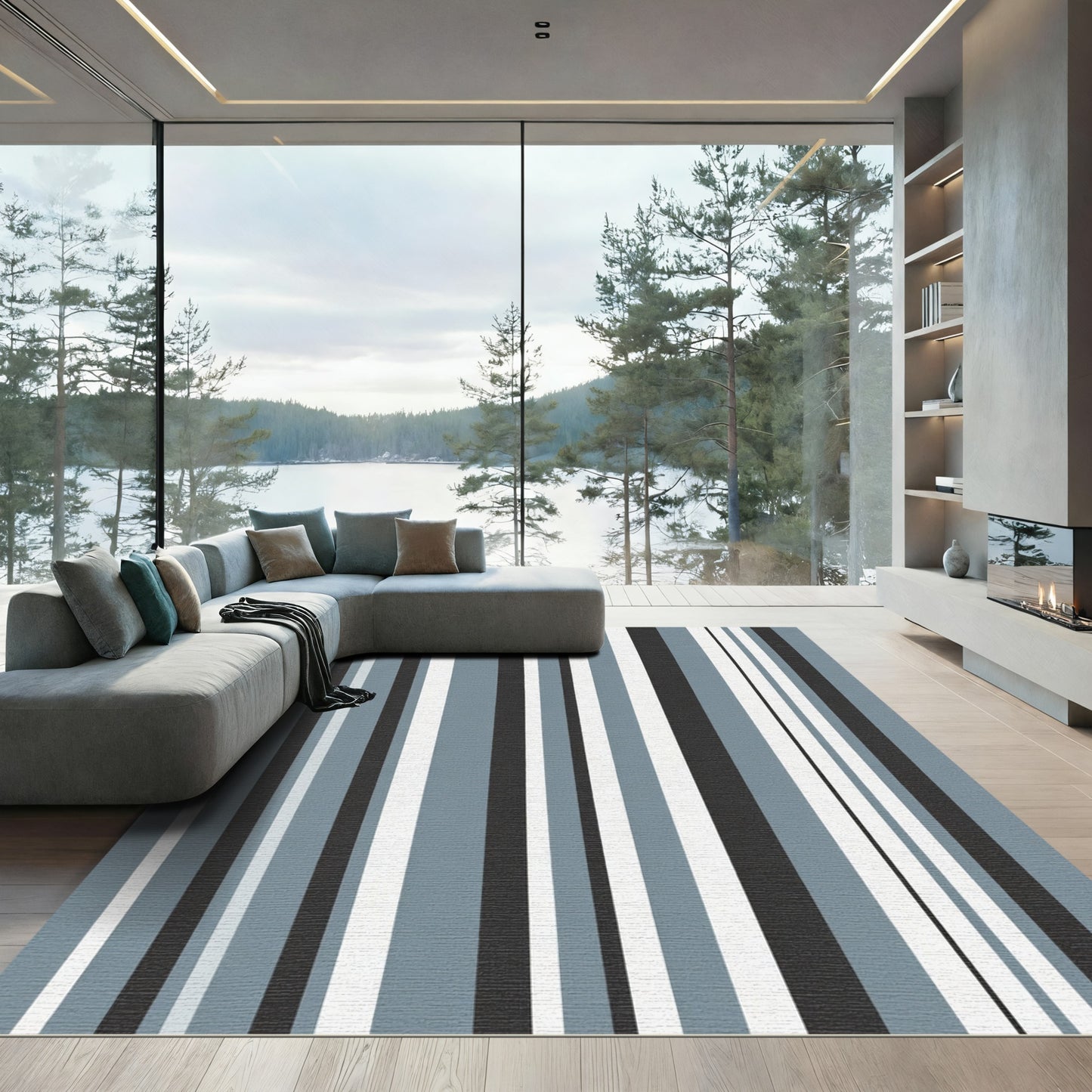 Modern Gray White Black Stripes Rug