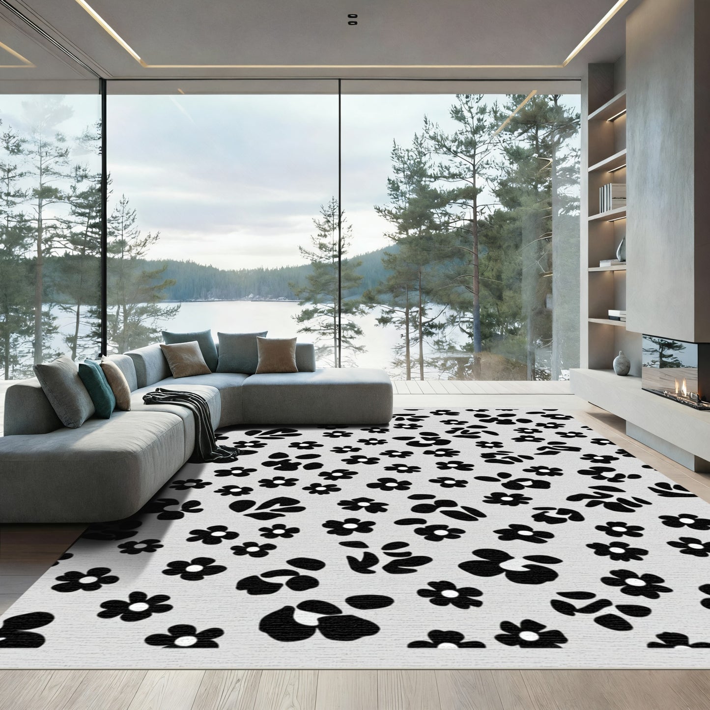 Monochrome Floral Scatter Rug
