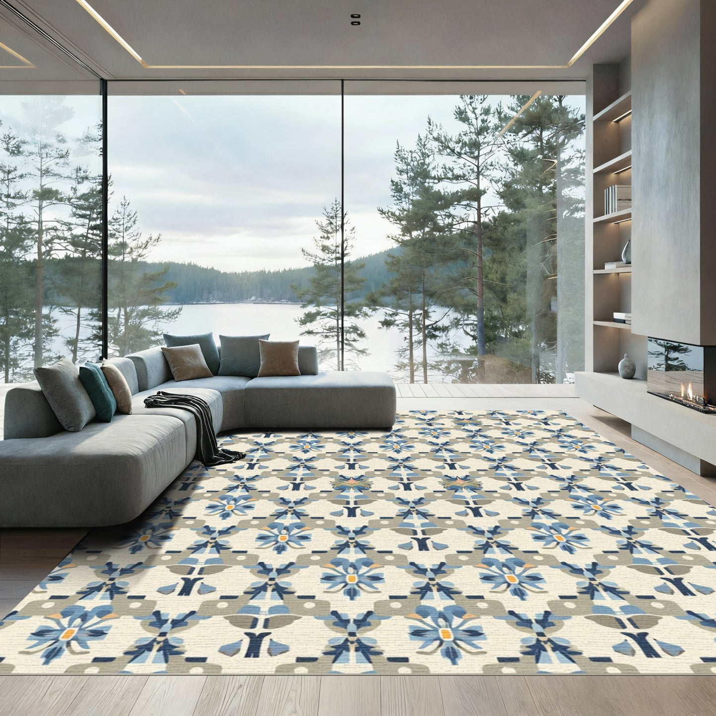 Retro Blue Floral Lattice Rug
