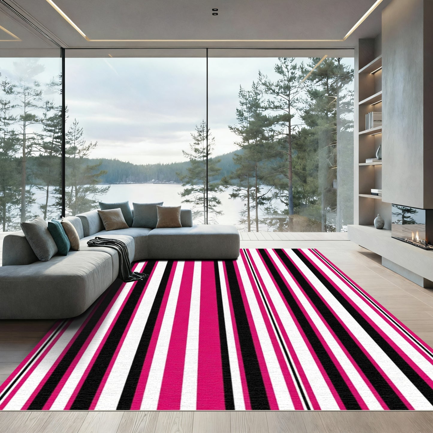 Bold Pink Black White Stripe Rug