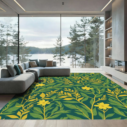 Vibrant Yellow Floral Leaf Pattern Rug