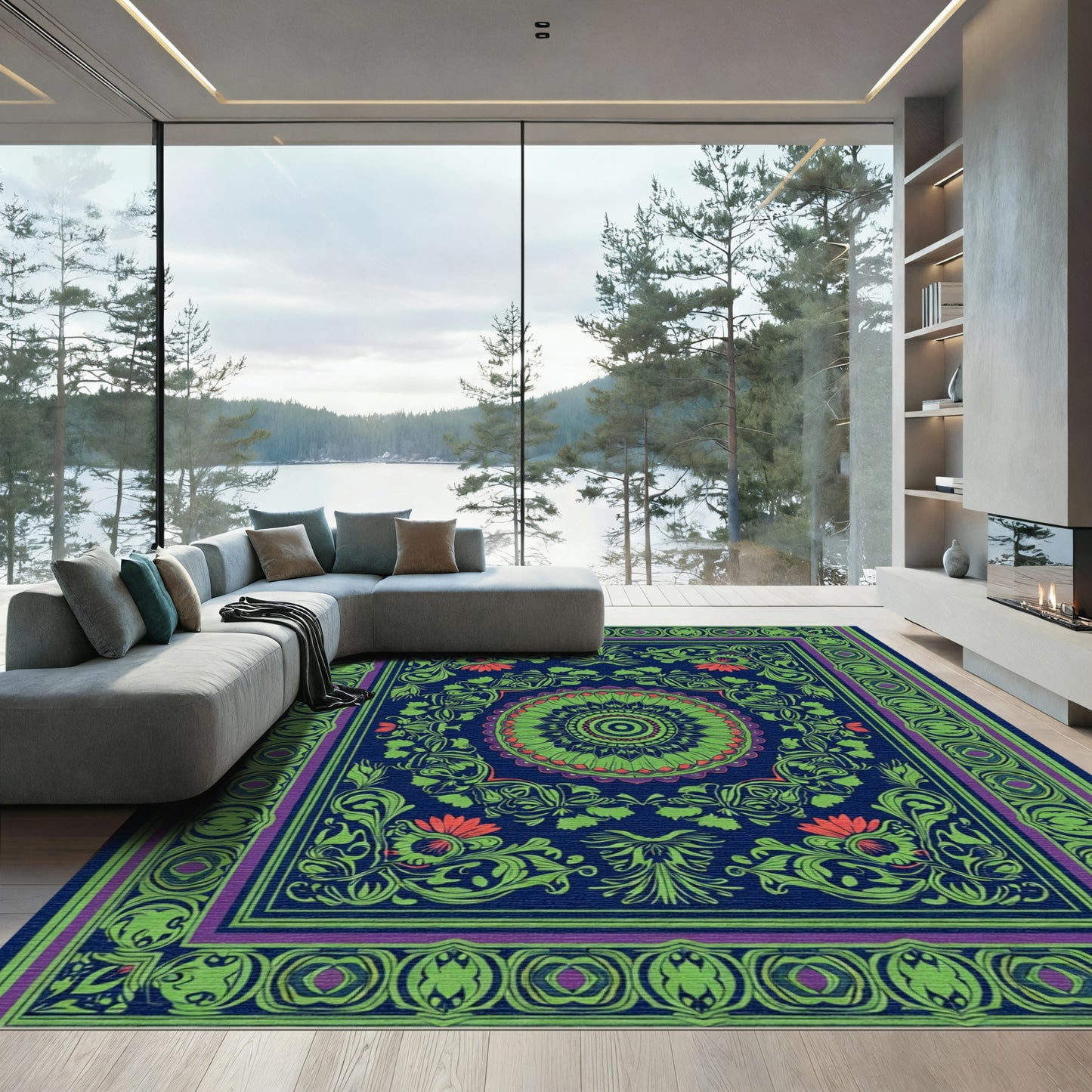 Deep Indigo Green Floral Medallion Rug